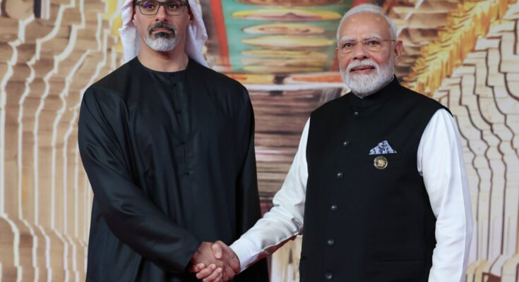 PM shakes hands with the leaders of the 18th BRICS Summit at the Bharat Mandapam, in New Delhi on September 12, 2026.